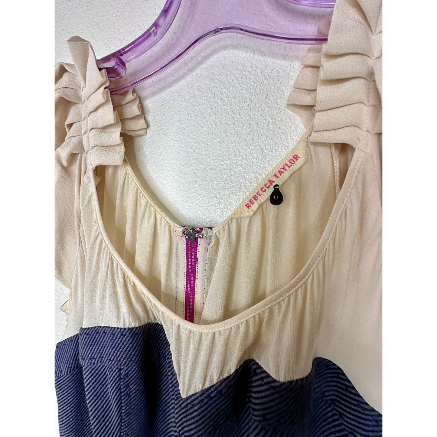 Rebecca Taylor Cream Ruffled Pleat Shoulder Blue Jean Stripe Linen Sheath Dress 0