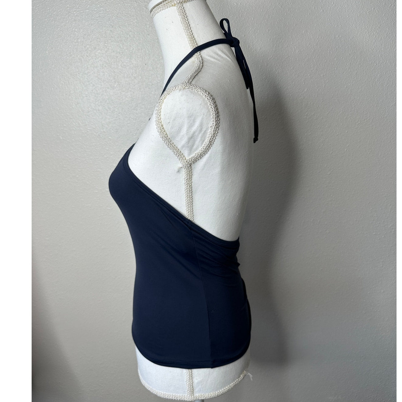 Michael Kors Navy Blue Halter Tankini Top XS Gold MK Logo Hardware Swimwear