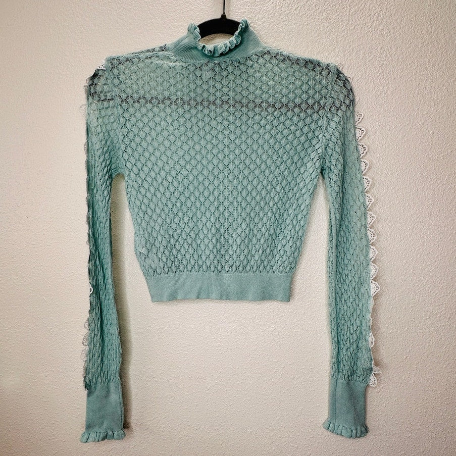 ZARA Aqua Crochet Knit White Lace Stripe Ruffle Neck  Crop Sweater S