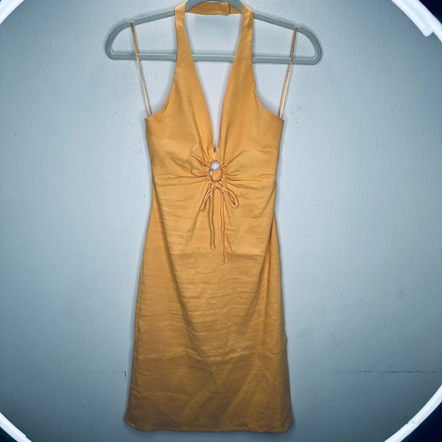 Zara Mustard Yellow Halter V-Neck Sun Dress O-Ring Cutout Front Open Back Small