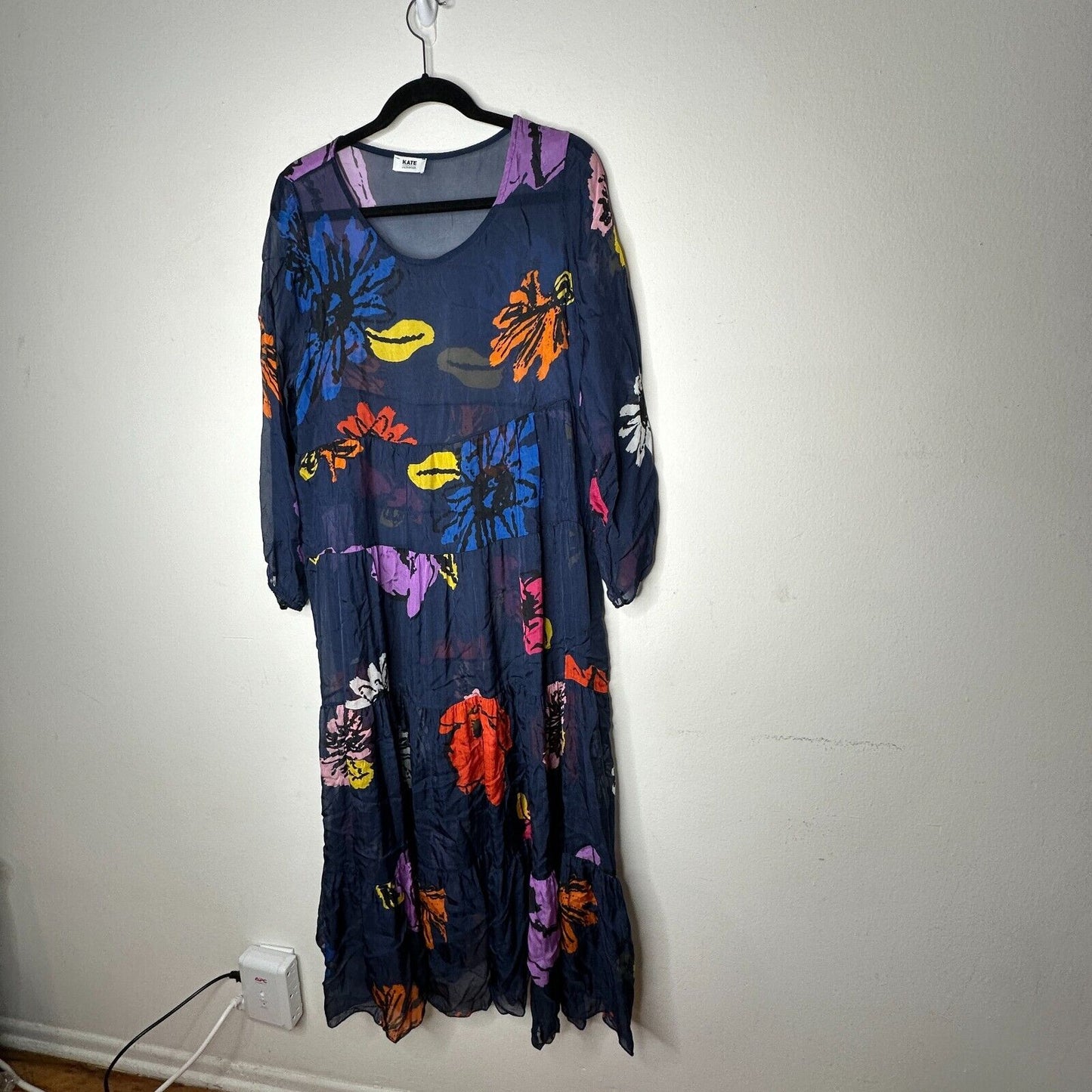 Kate by Laltramoda Sheer Navy Multi Floral Boho Midi Dress 3/4 Sleeve Large