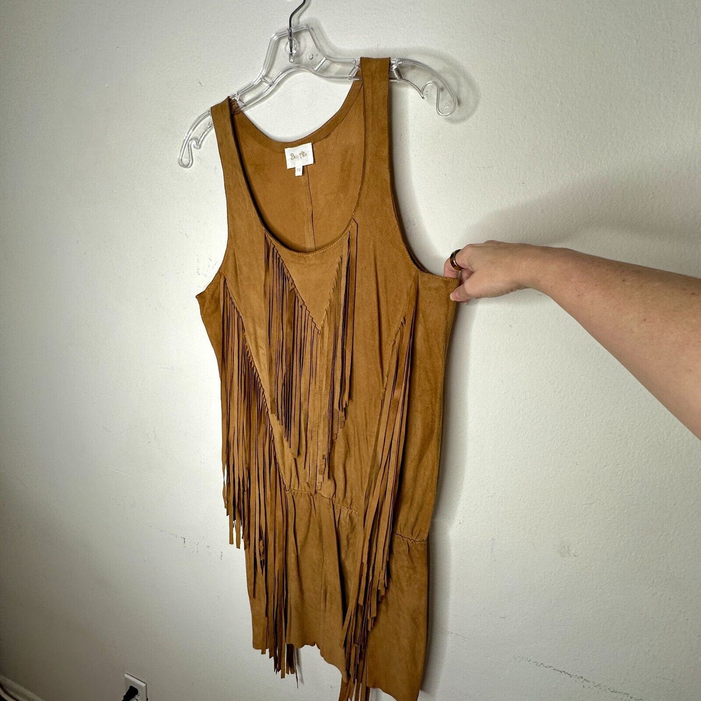 Belair Calvi Camel-Tan Goat Suede Sleeveless Fringed Scoop Neck Mini Dress T2