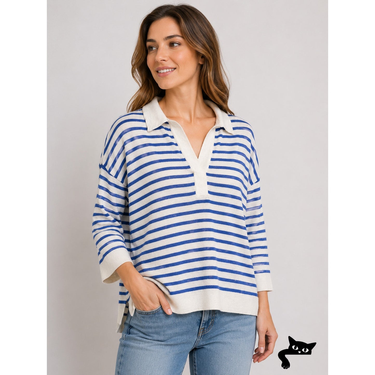 Poetry Ivory Blue Striped Linen Knit Collared V-Neck Boxy Sweater US 12