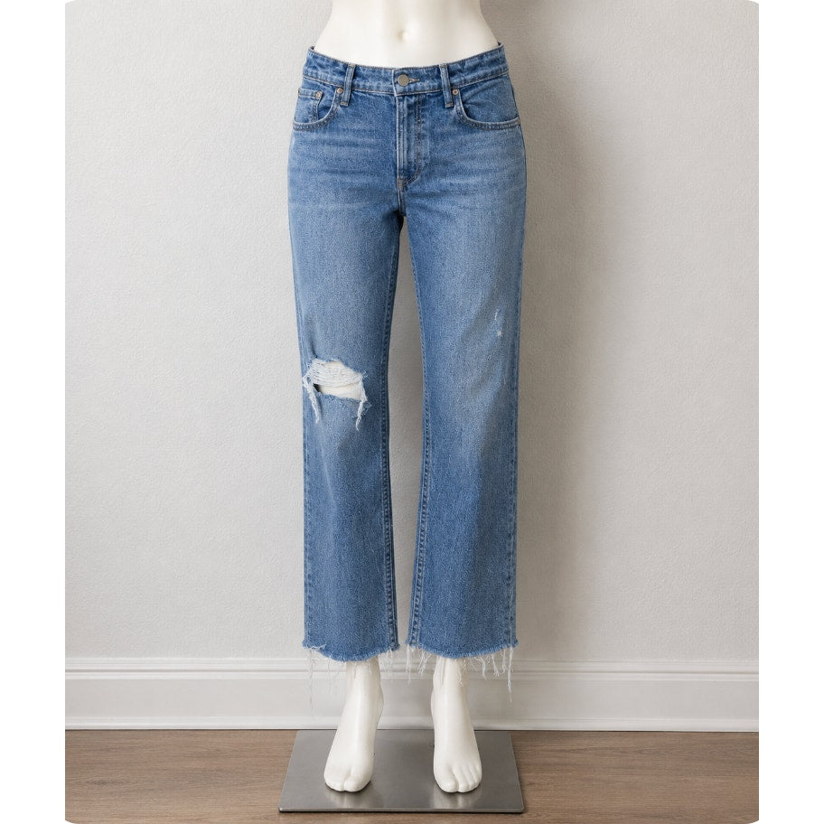 NWT GRLFRND Kendall Med Wash Amelia Distress Knee High Waist Raw Hem Jeans 31