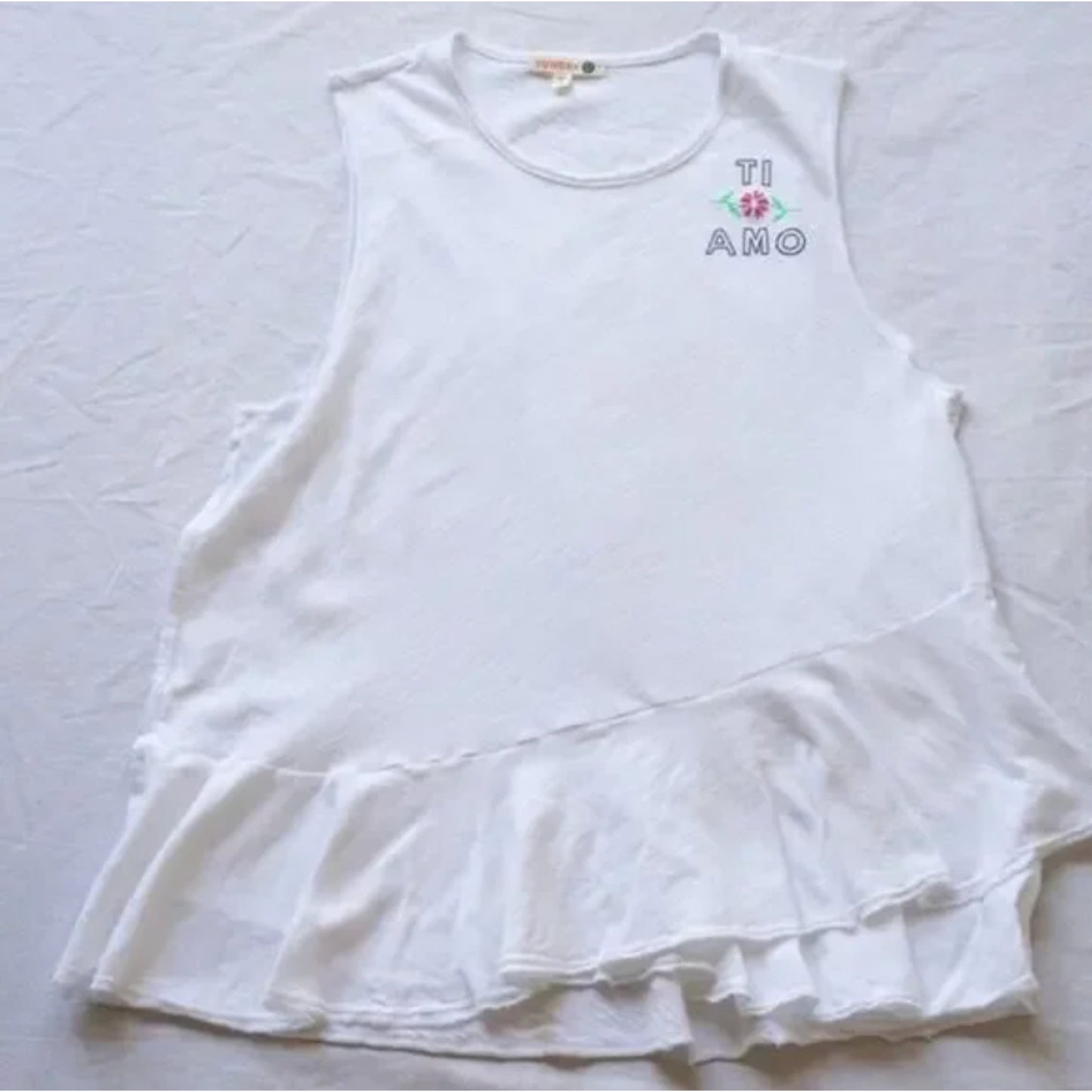 Sundry Ti Amo Graphic White Peplum Tee Tier Front Ruffle Relaxed Tank Top 2