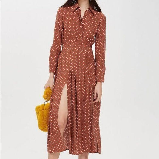 Topshop Brown Cream Polka-Dot 3/4 Sleeve Front Button Pleated Slit Maxi Dress 2