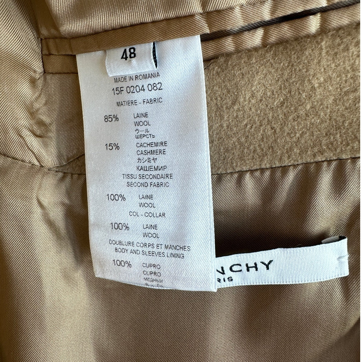 Givenchy Camel Tan Wool & Cashmere Blend Color Block Overcoat 48 / XXL