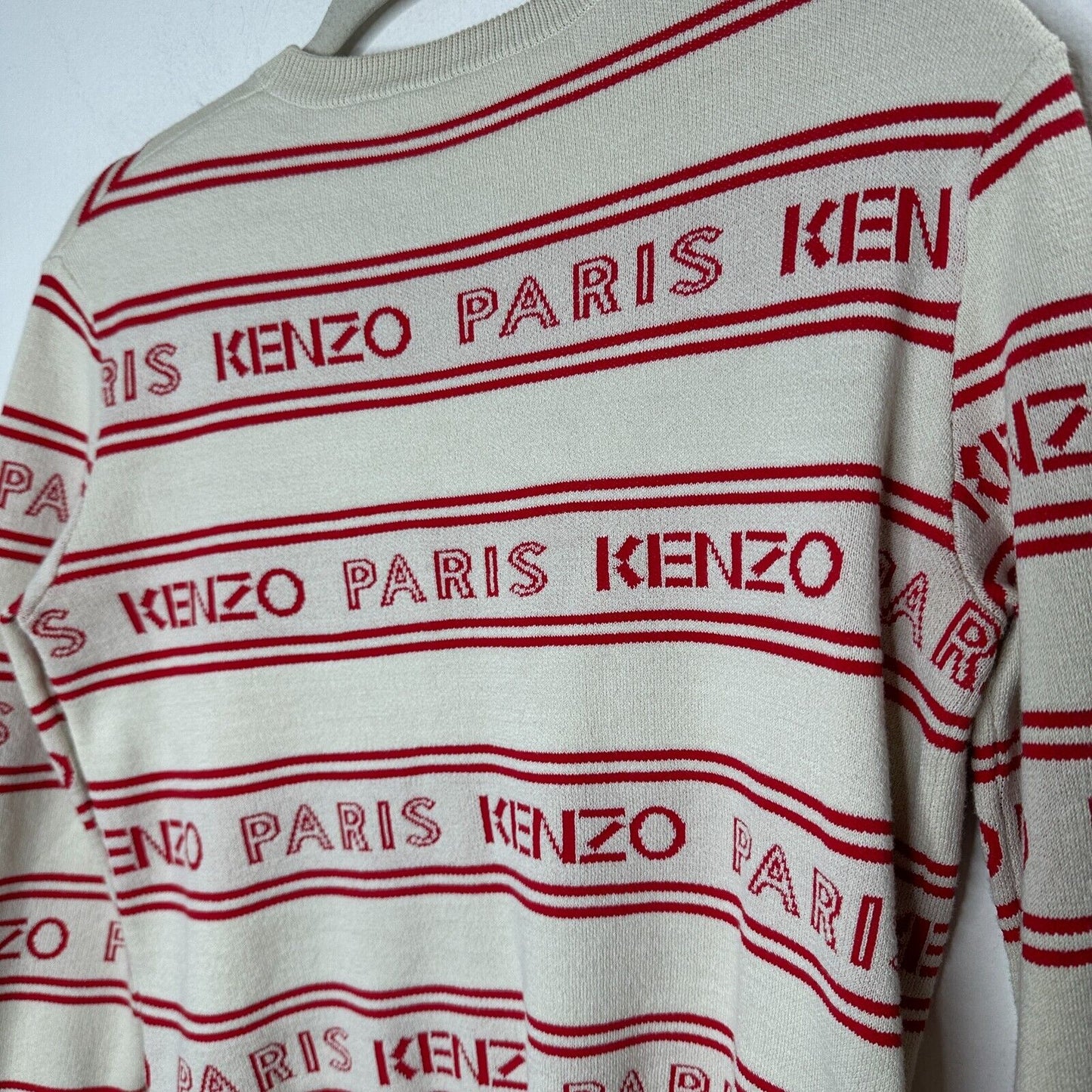 Kenzo Red & Tan Striped Woven Logo Knitted Sweater Long Sleeve Round Neck Small