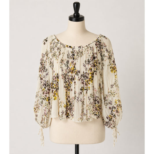 Aritzia Wilfred Talence Cream and Multi Floral Silk Pleated Off Shoulder Top XS