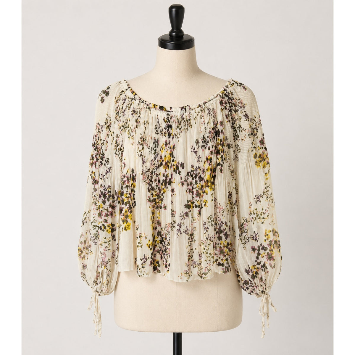 Aritzia Wilfred Talence Cream and Multi Floral Silk Pleated Off Shoulder Top XS