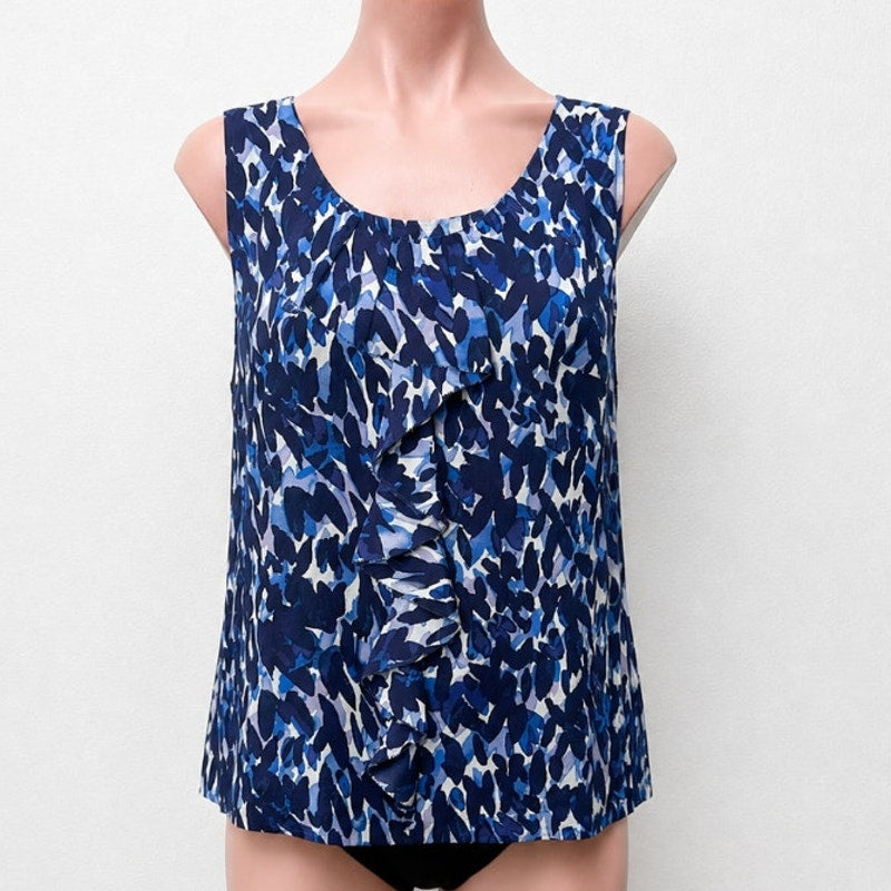 Halogen Flowy 100% Silk Blue White Abstract Sleeveless Scoop Neck Blouse Medium