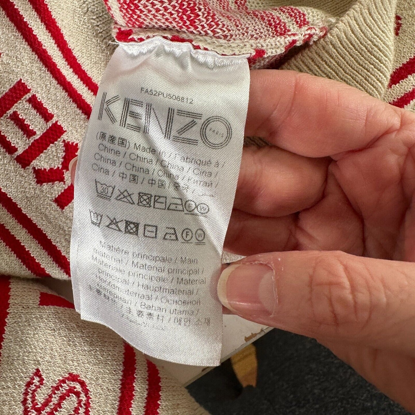 Kenzo Red & Tan Striped Woven Logo Knitted Sweater Long Sleeve Round Neck Small