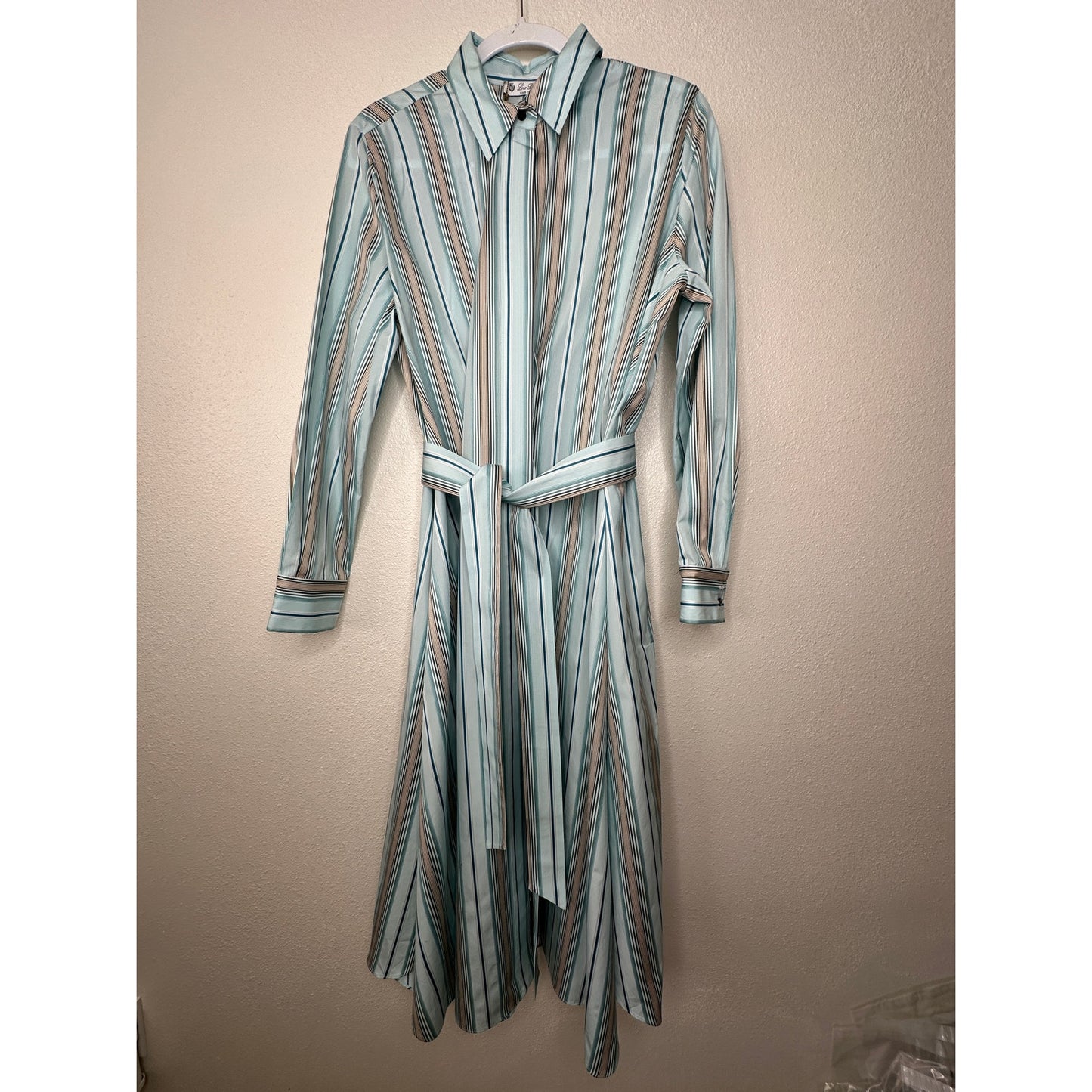NWT Loro Piana Teal White Brown Stripe Front Button Tie Sash Wrap Dress XL