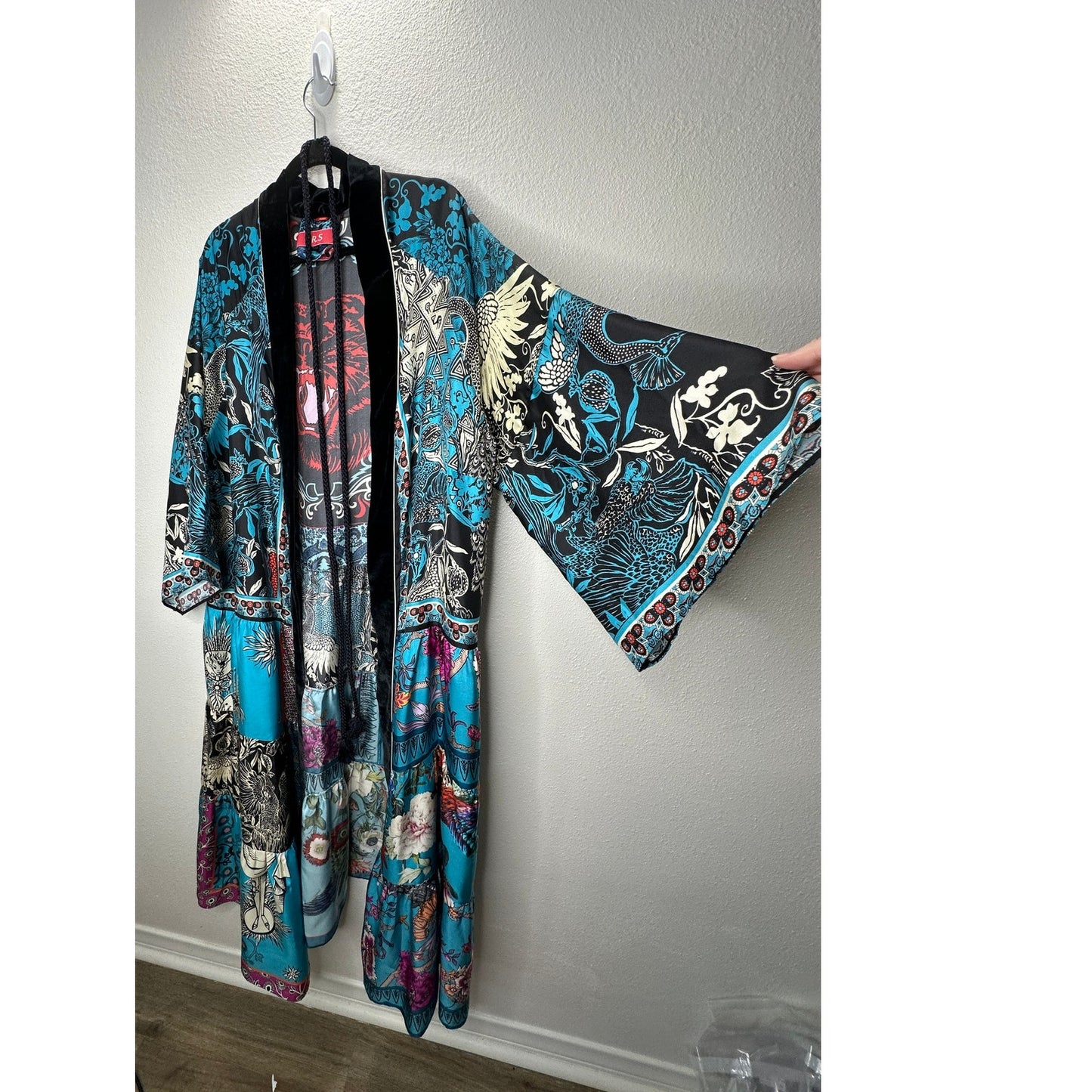 F.R.S. Cream Black Blue Red Multi Bird Floral Tiger Print Kimono M