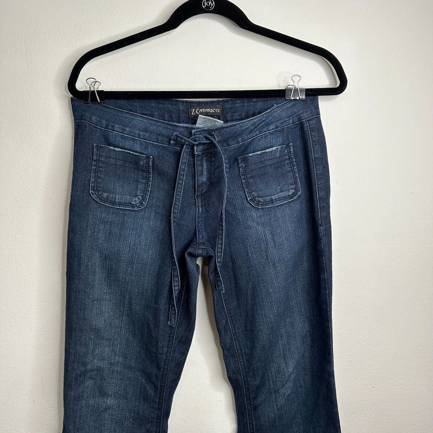 Vintage Z Cavaricci Dark Wash Low Rise Flare Front Tie Waist Jean Patch Pocket 7