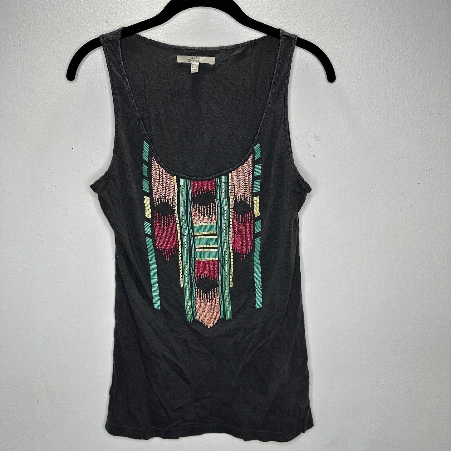 Zara Trafaluc Gray Multicolor Teal Pink Yellow Beaded Aztec Design Tank Top SM