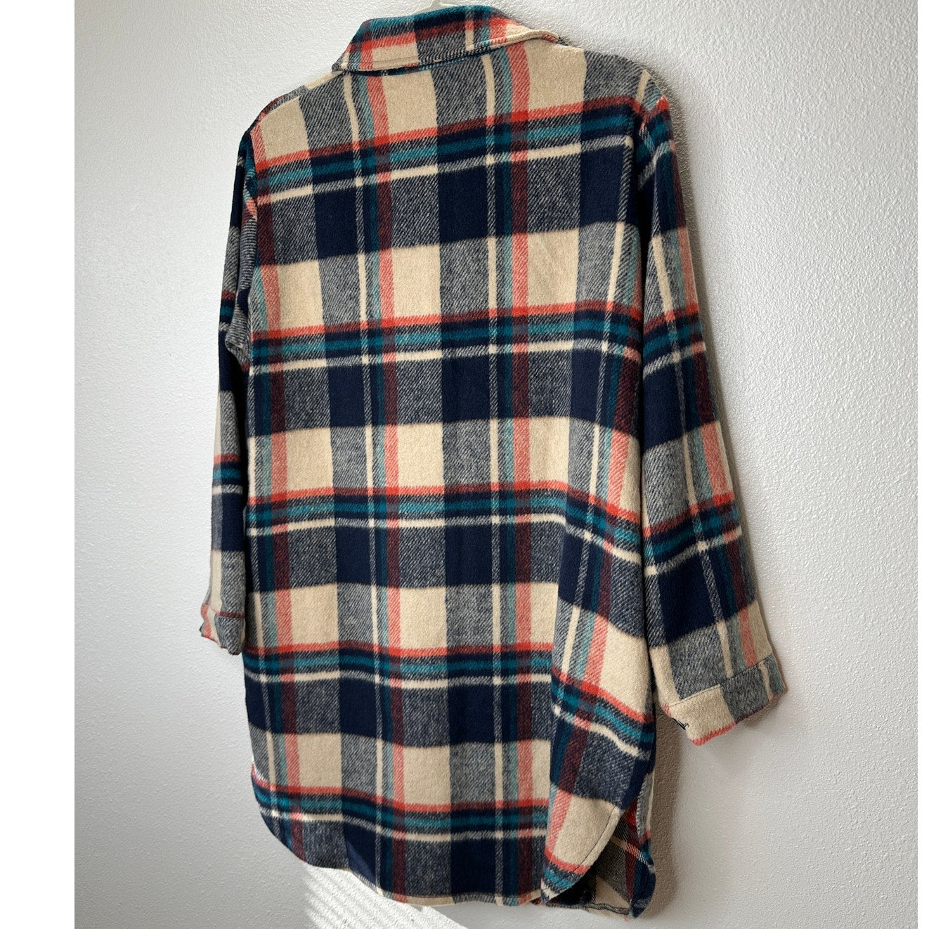 Urban Daizy Tan Navy Orange Plaid Button Long Sleeve Shacket M
