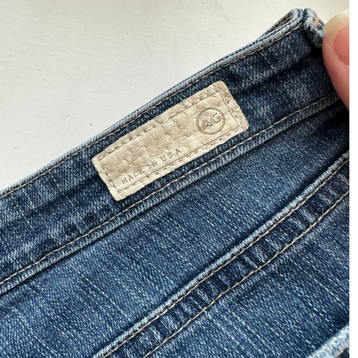 AG Medium Wash Whiskered Raw Hem Stilt Crop Cigarette Crop Jean 29