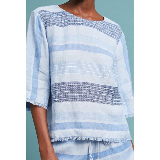 Cloth & Stone Light Blue & Navy Stripe Linen Bell Sleeve Raw Hem Tie Neck Top XS