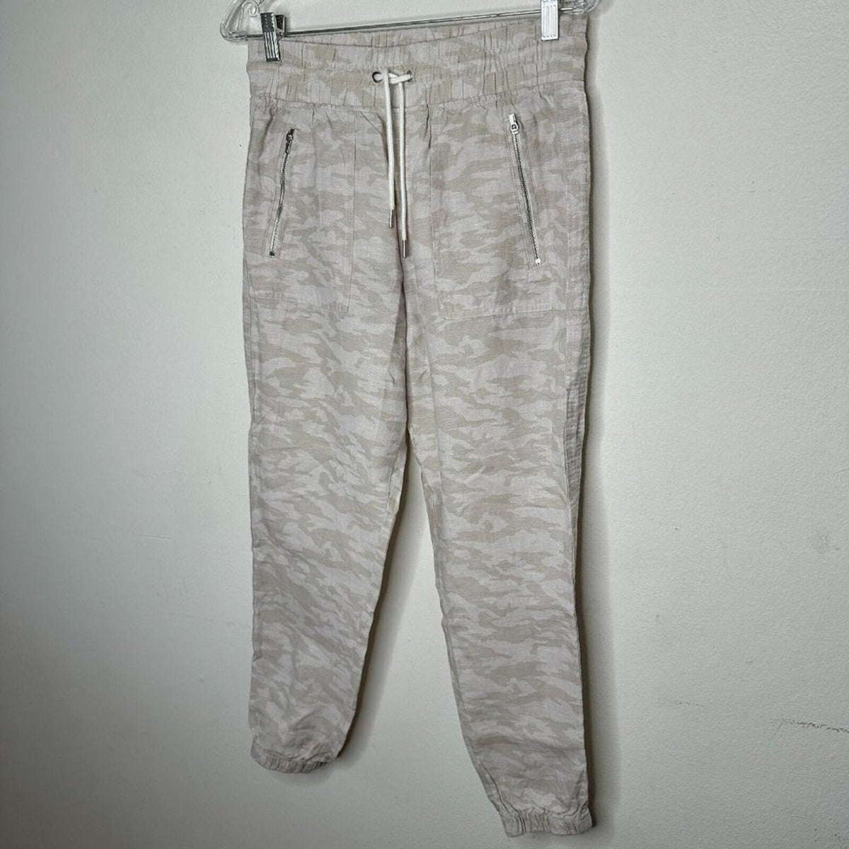 Athleta Cream & Tan Camo Cabo Print Tied Linen Jogger Pant Zip Front Pockets 4