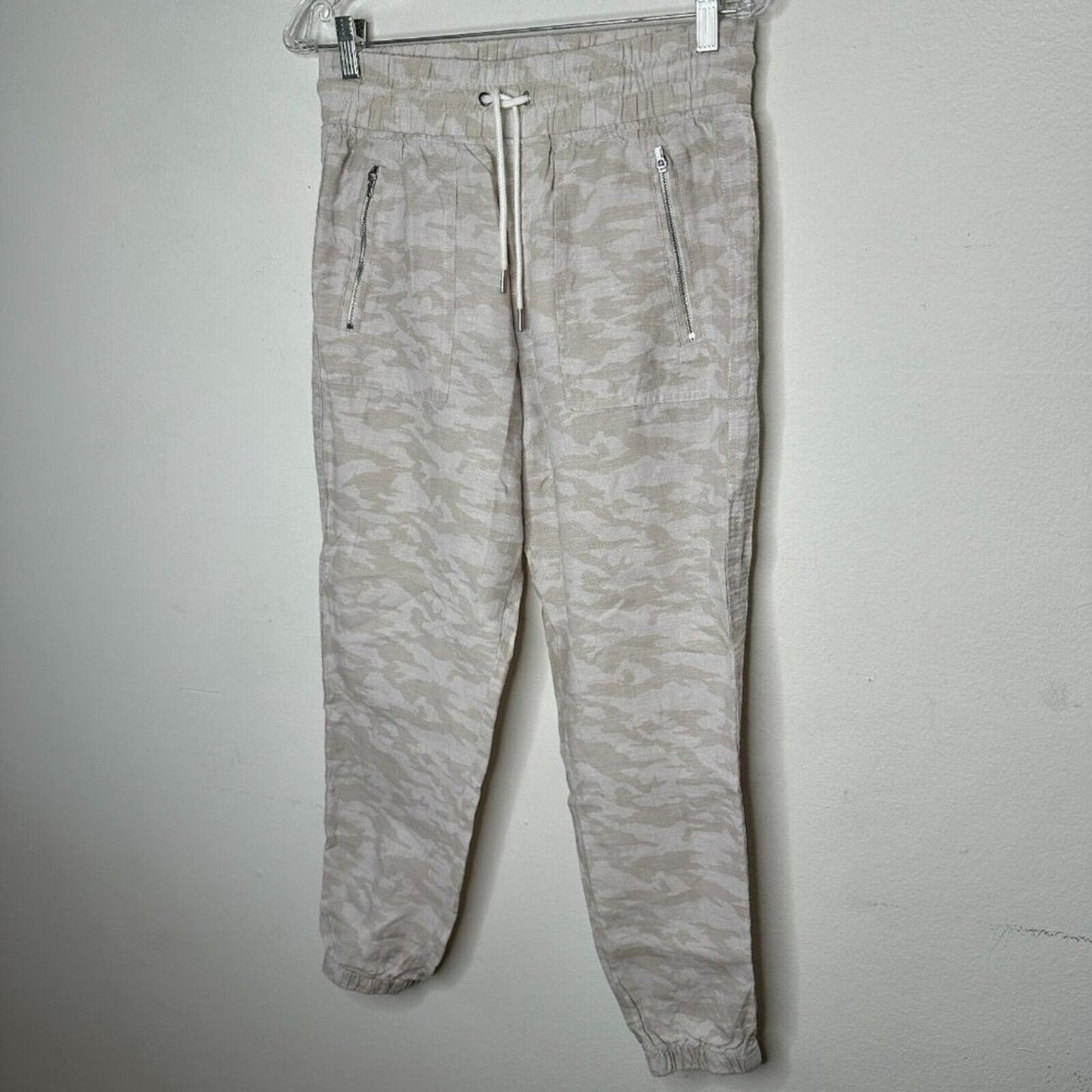 Athleta Cream & Tan Camo Cabo Print Tied Linen Jogger Pant Zip Front Pockets 4