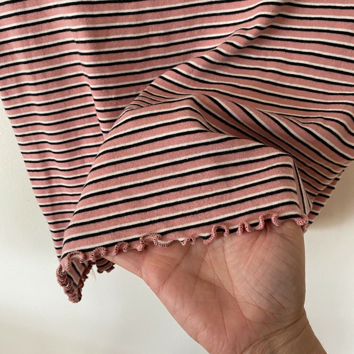 Blush Pink Black & White Stripe Round Neck Crop Top Lettuce Hem Top 1X