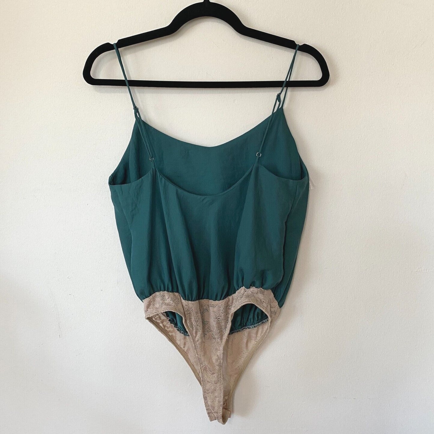 Free People Emerald Green Satin Blouson Bodysuit Tan Snap Lace Brief M