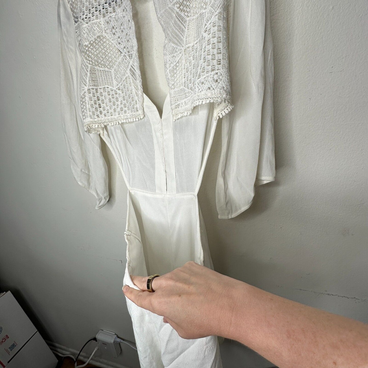 Dance & Marvel Ivory 3/4 Sleeve Front Deep V Button Open Back Crochet Romper L