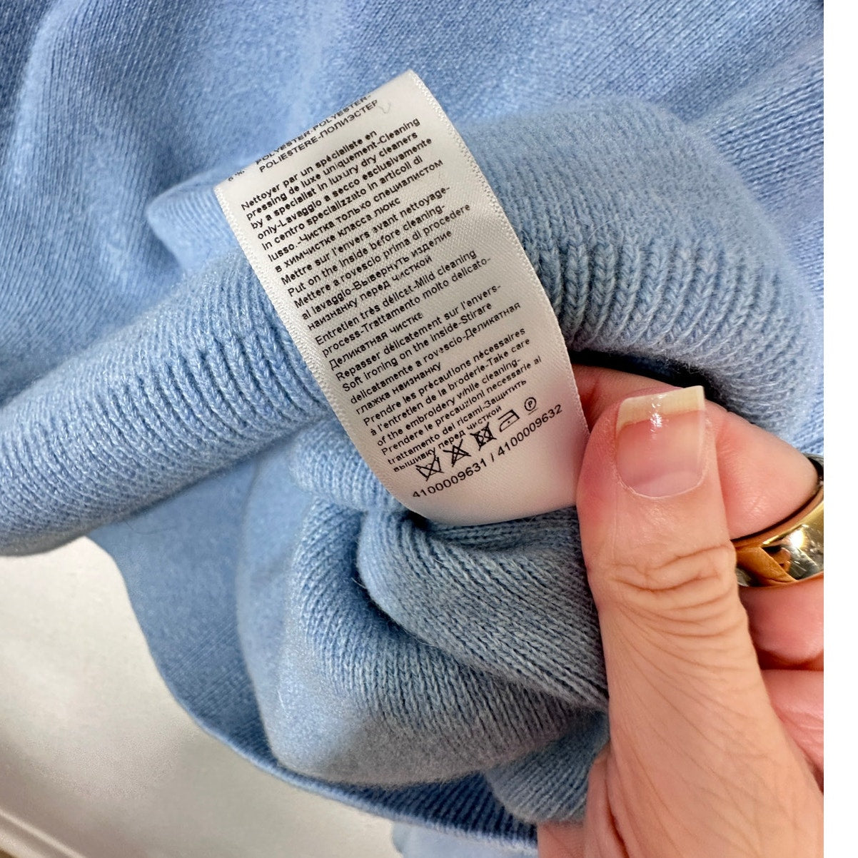 Lanvin Girls Pearl Logo Cashmere Sweater Baby Blue Size 12