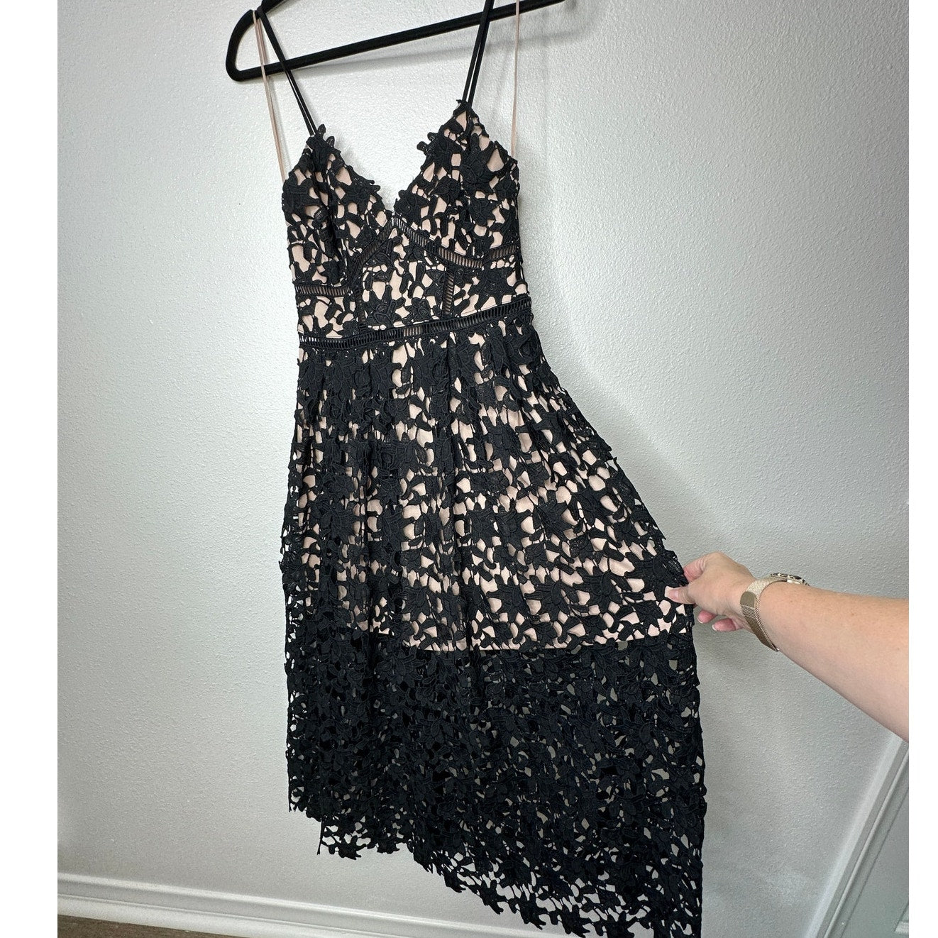 Aqua Black Lace Overlay Tan Lining Spaghetti Strap Cami Midi Dress SM