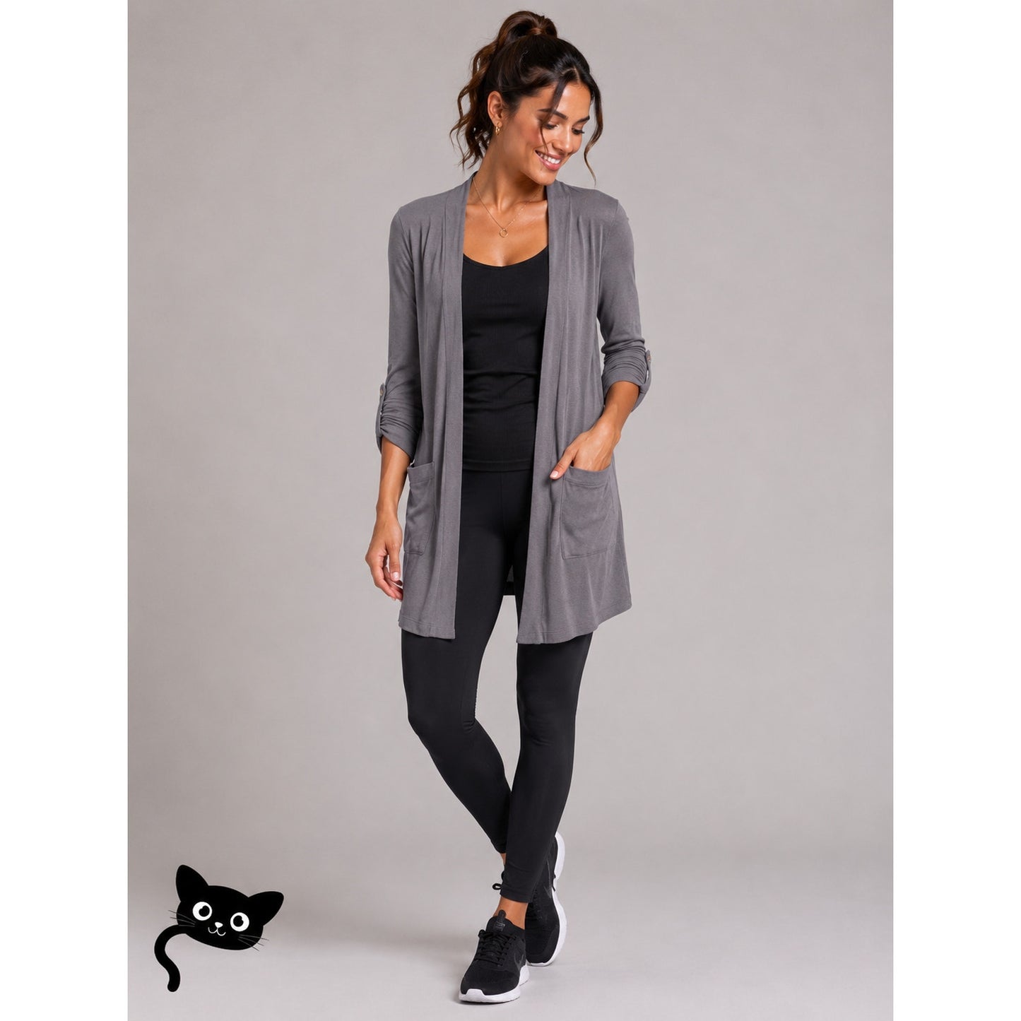 Splendid Slate Gray Open-Front Roll Tab Sleeve Front Pocket Stretch Cardigan XS