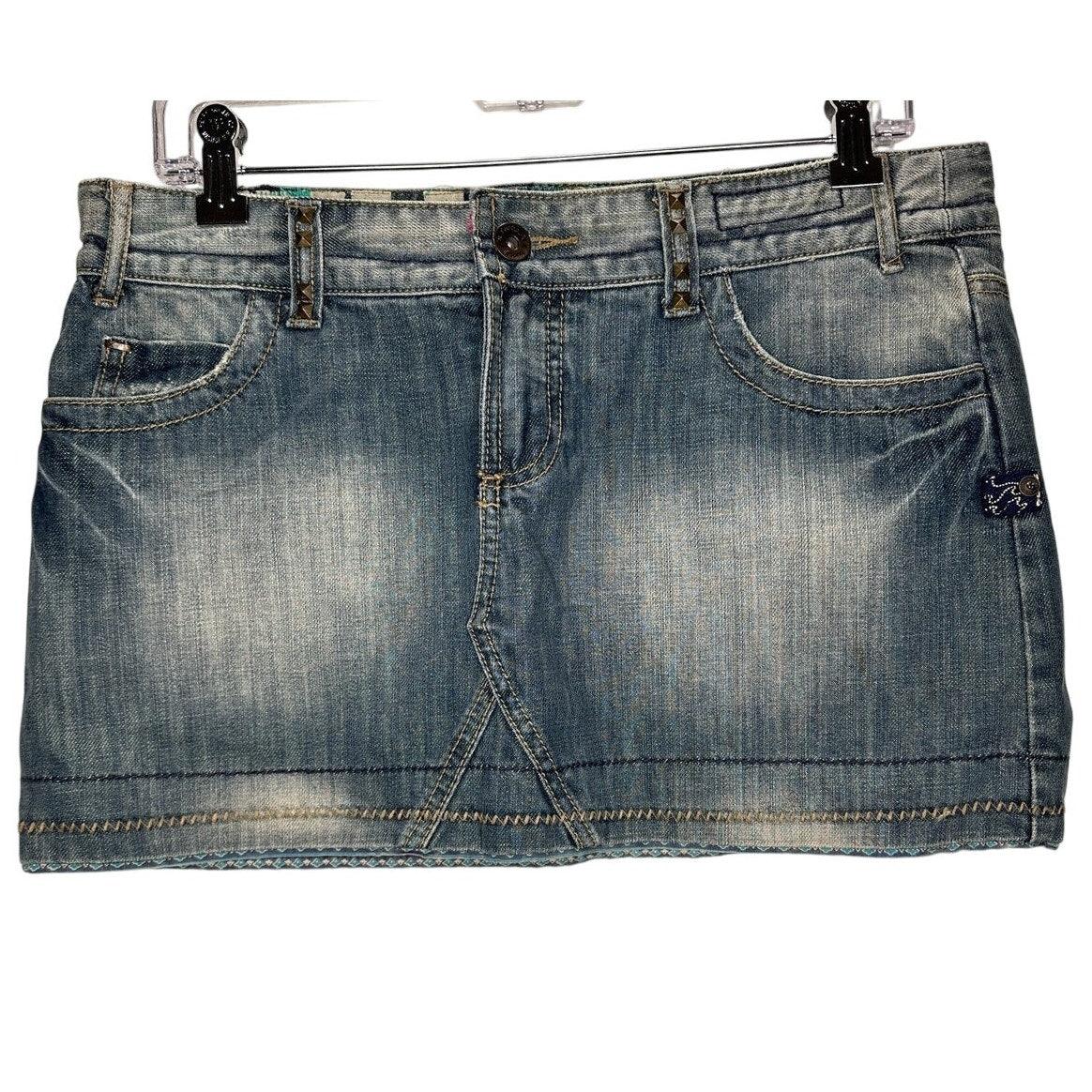 Billlabong Y2K Medium Wash Low Rise Tan Stitching Jean Skirt 7