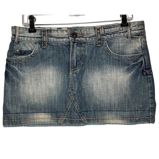 Billlabong Y2K Medium Wash Low Rise Tan Stitching Jean Skirt 7