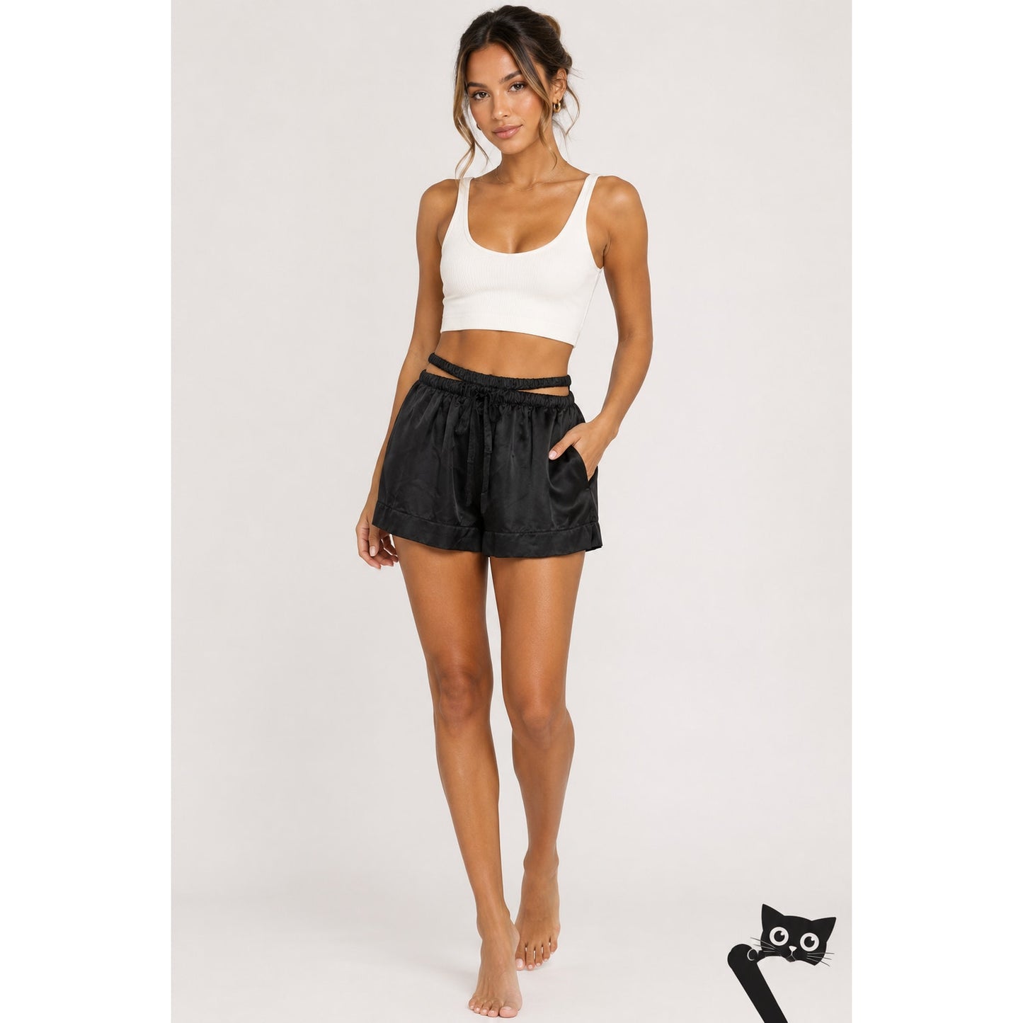 NWT PRFCT NMBR Black Satin Open Side Waistband Drawstring Shorts M