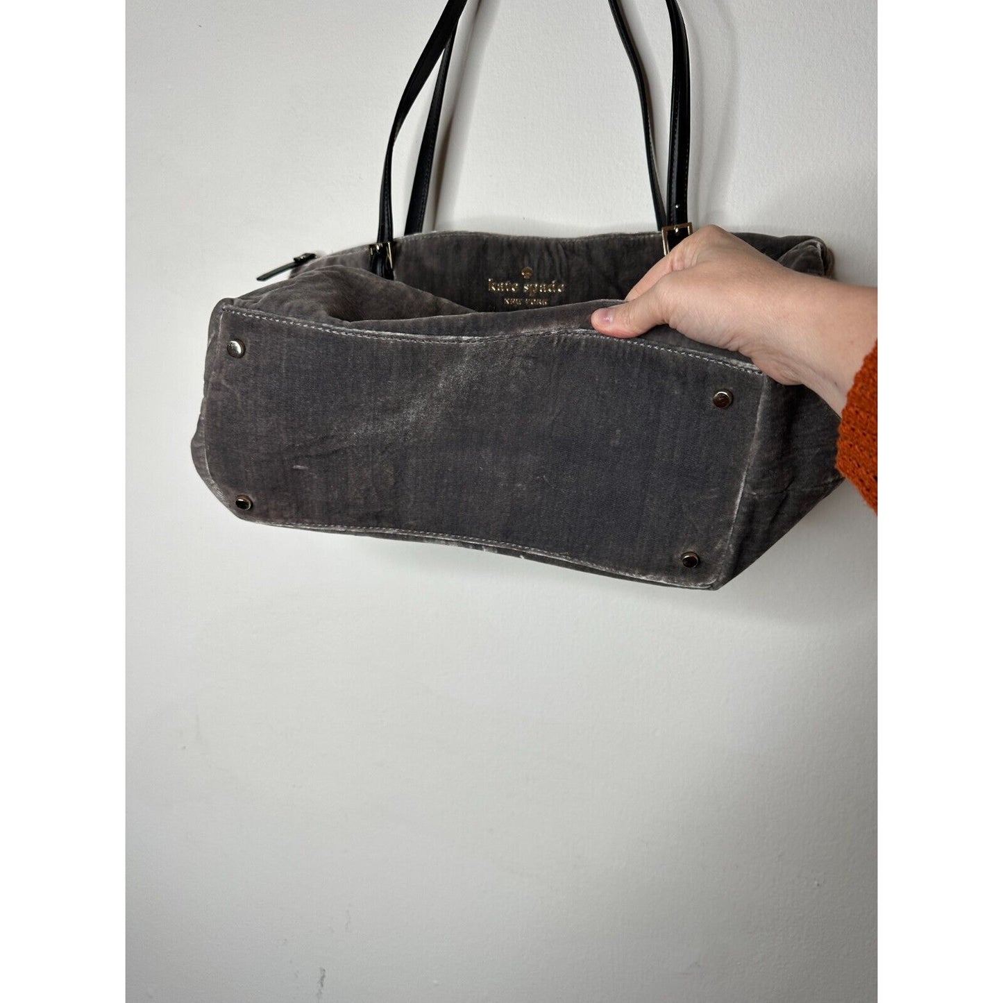 NWOT Kate Spade Dark Gray Kona Dawn Place Velvet Leather Handle Tote Bag L