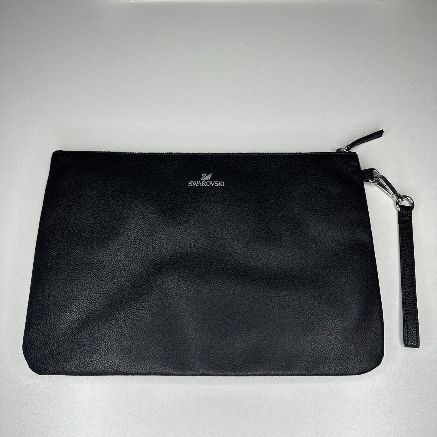NIB Swarovski Black Quilted Leather & Crystals Zip Close Leather Strap Clutch