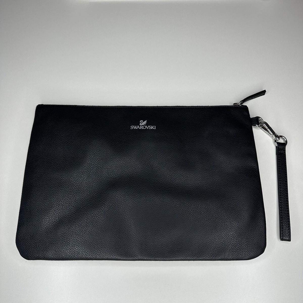 NIB Swarovski Black Quilted Leather & Crystals Zip Close Leather Strap Clutch