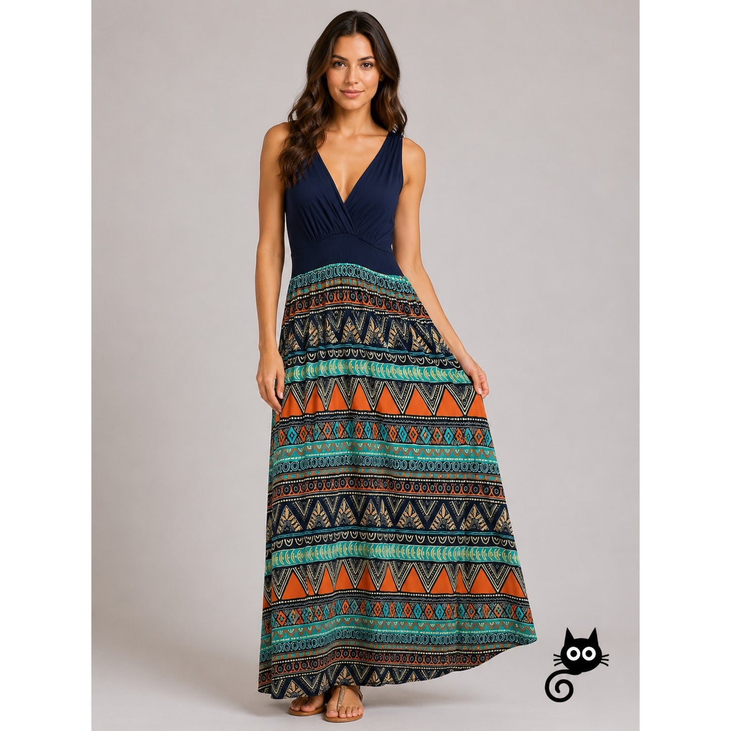 Gilli Navy Blue Teal Orange Multi Print Faux Wrap V-Neck Sleeveless Maxi Dress M
