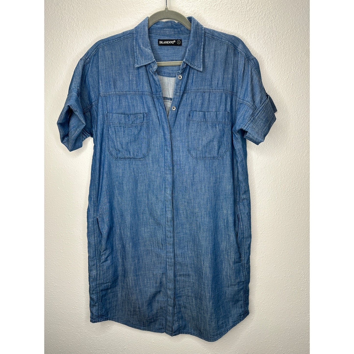Blank NYC Medium Blue Denim Short Sleeve Pocket Jean Shirt Dress S