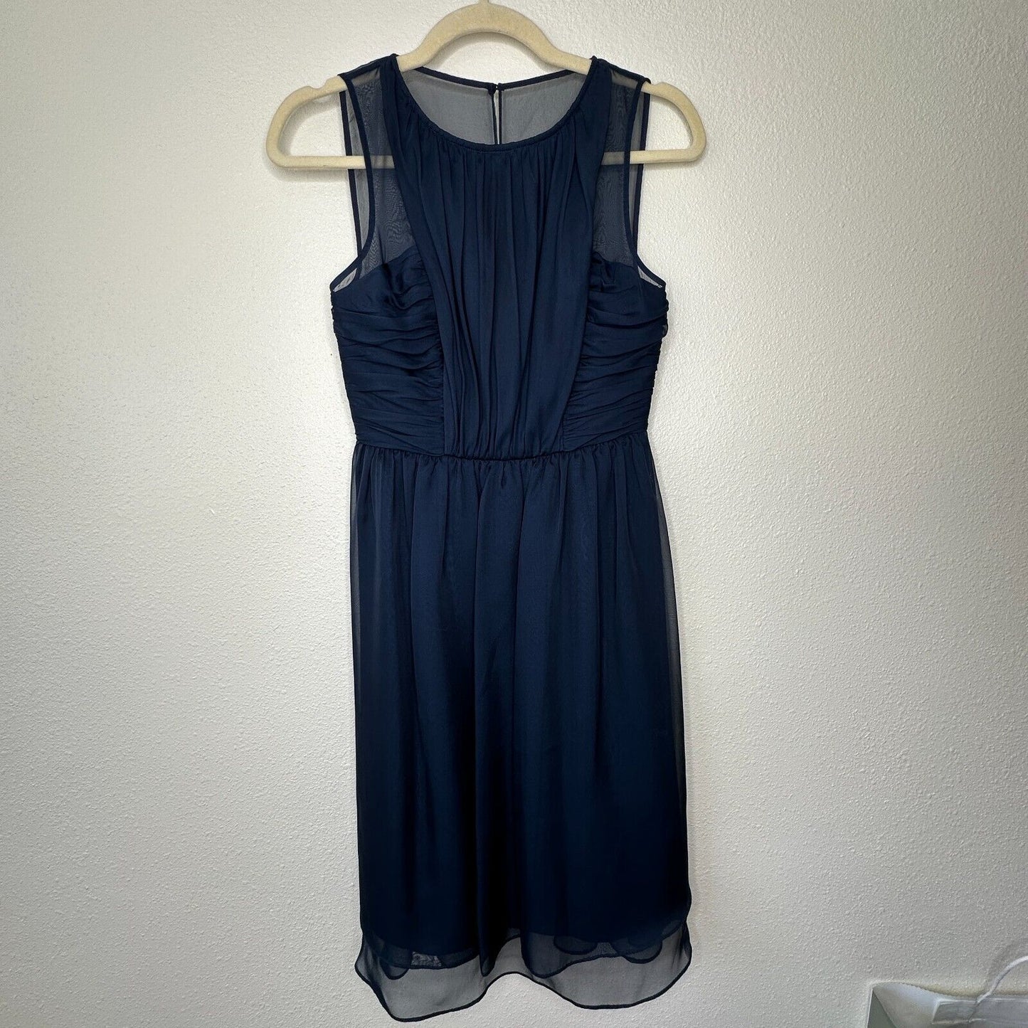 Hitherto Daylily Navy Sheer Shoulder Sleeveless Dress Ruched Side & Back Waist 0
