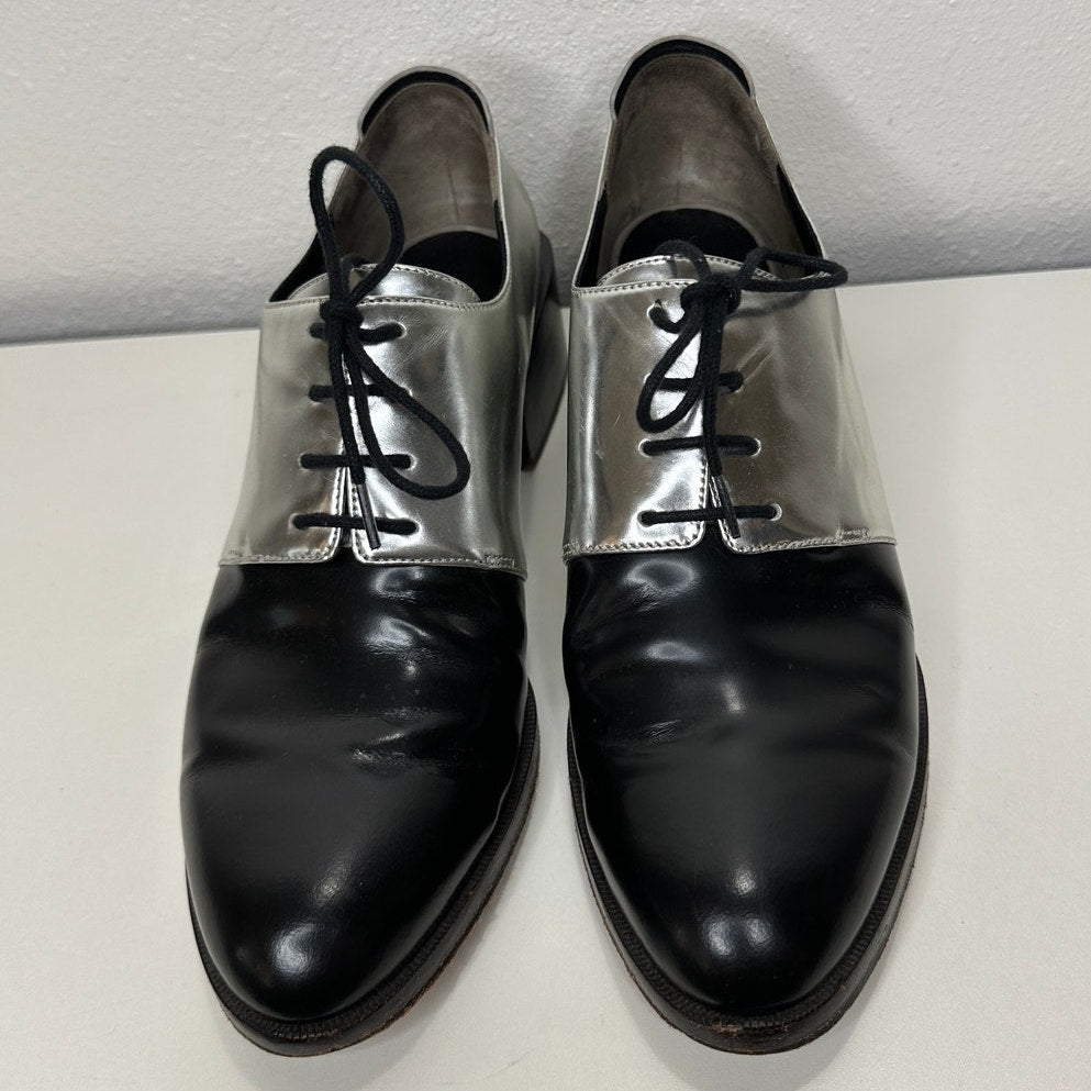 3.1 Phillip Lim Jillian Metallic Silver Shiny Black Oxford Tie Shoe 38 / 7.5