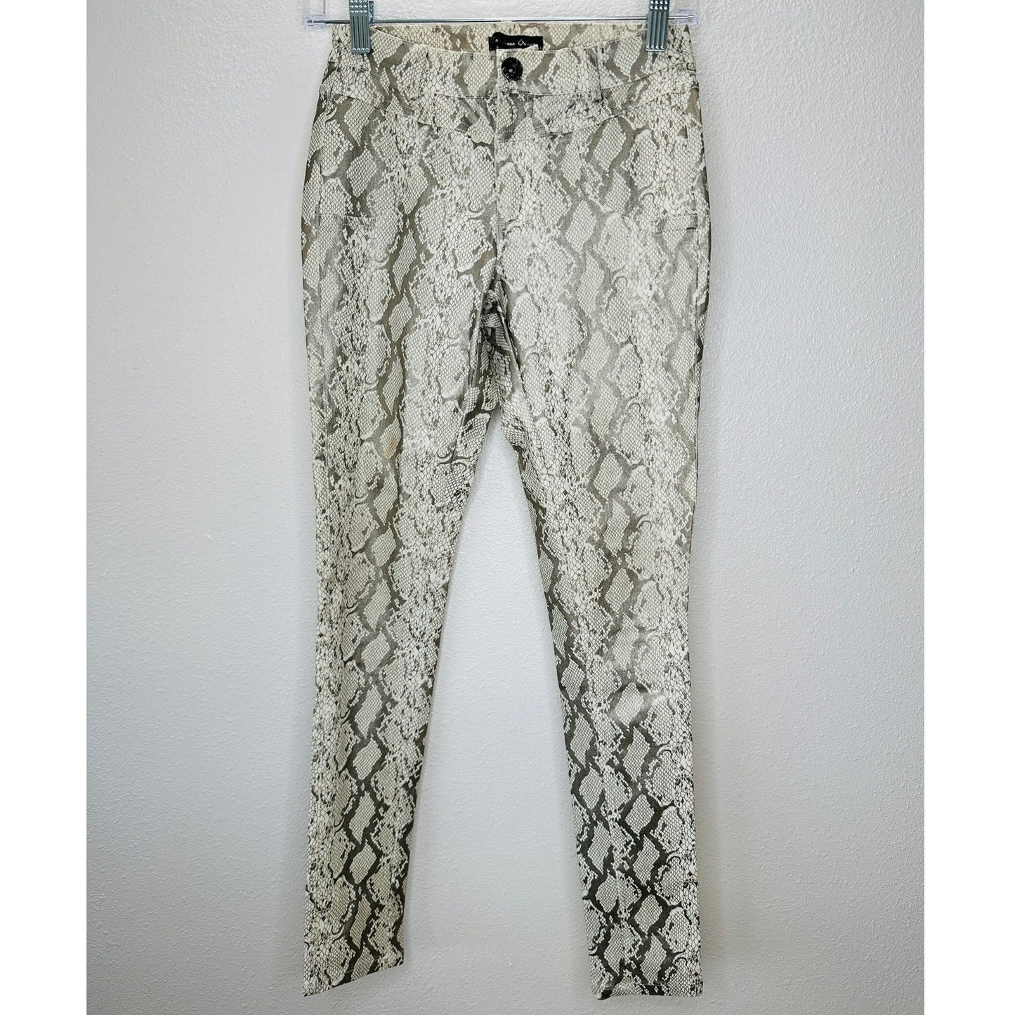 Caribbean Queen Cream & Silver Metallic Snake Print Front Zip Skinny Jegging S
