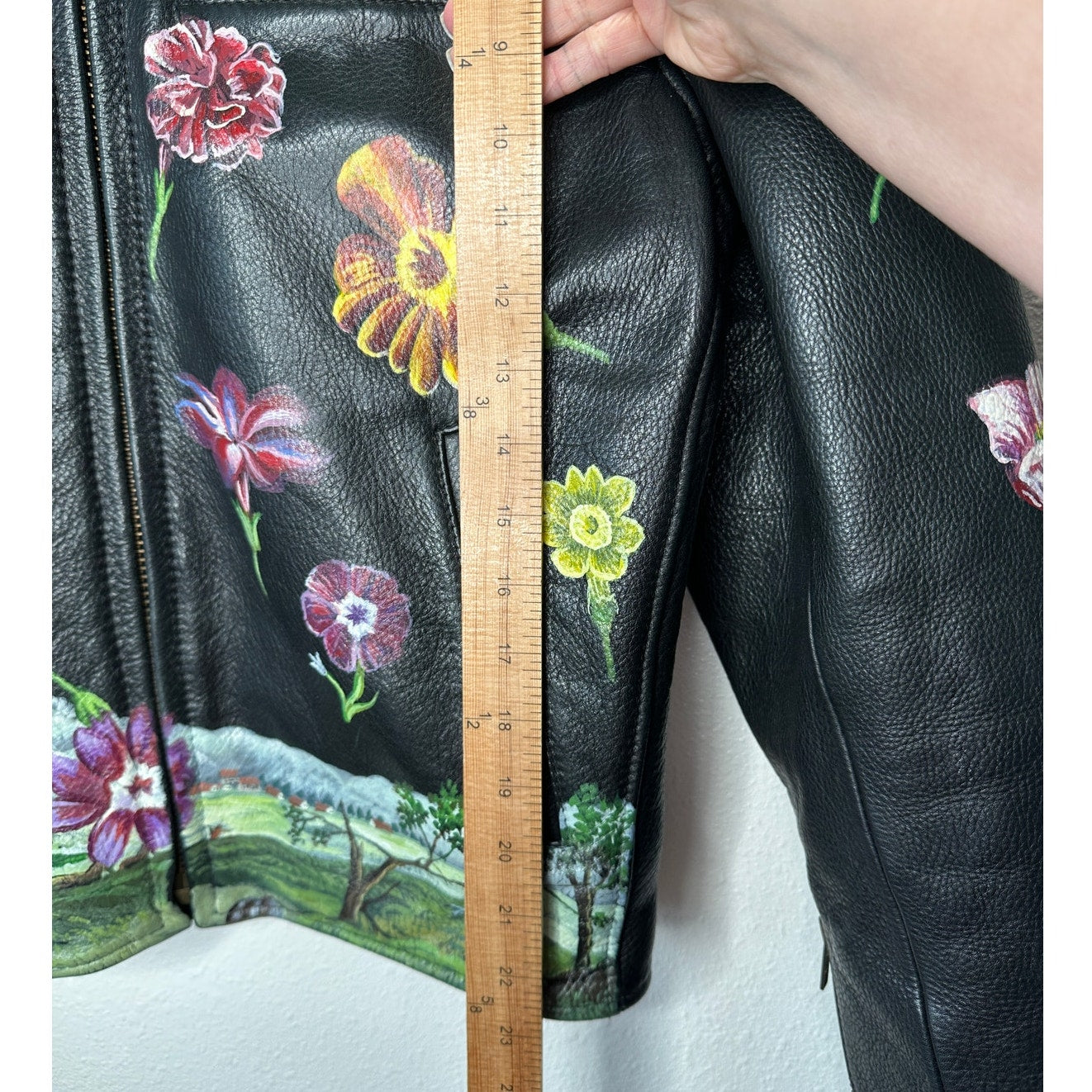 Libertine Hand-Painted Floral Skull Black Leather Moto Jacket M