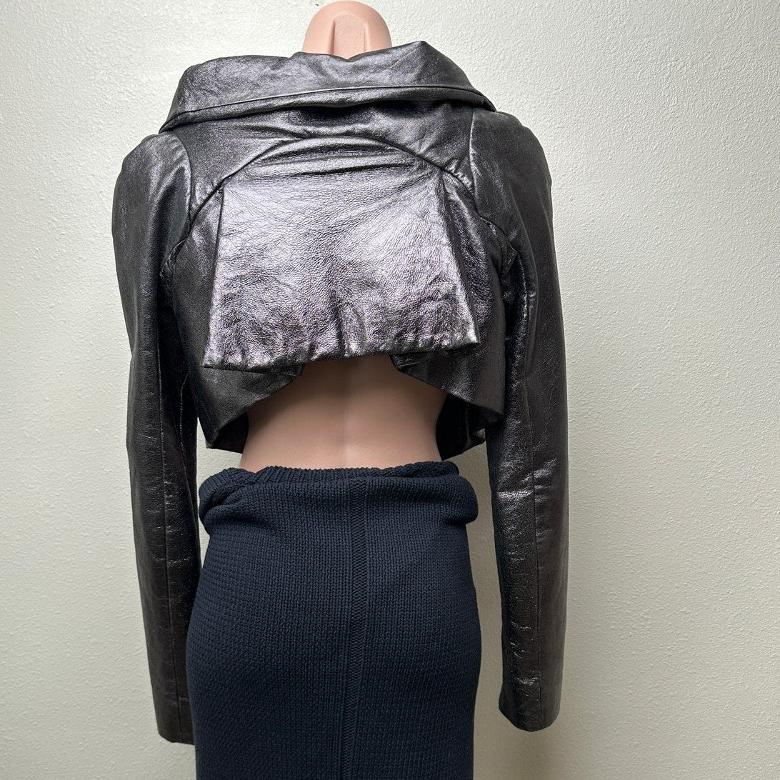 Gareth Pugh gunmetal calf leather cropped jacket women’s 10 draped zip