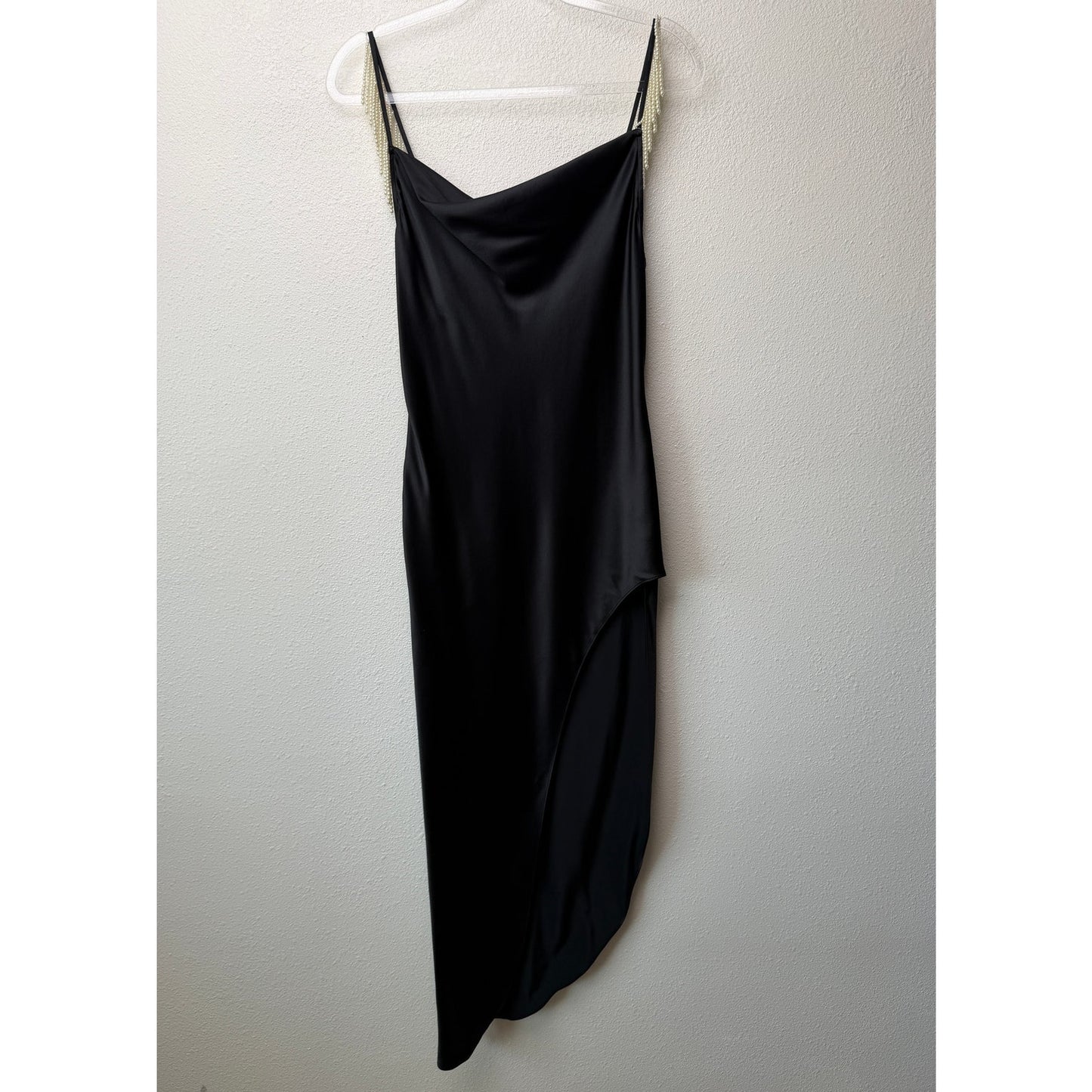 Fleur du Mal Black Silk Pearl Strap High Slit Midi Dress Size S