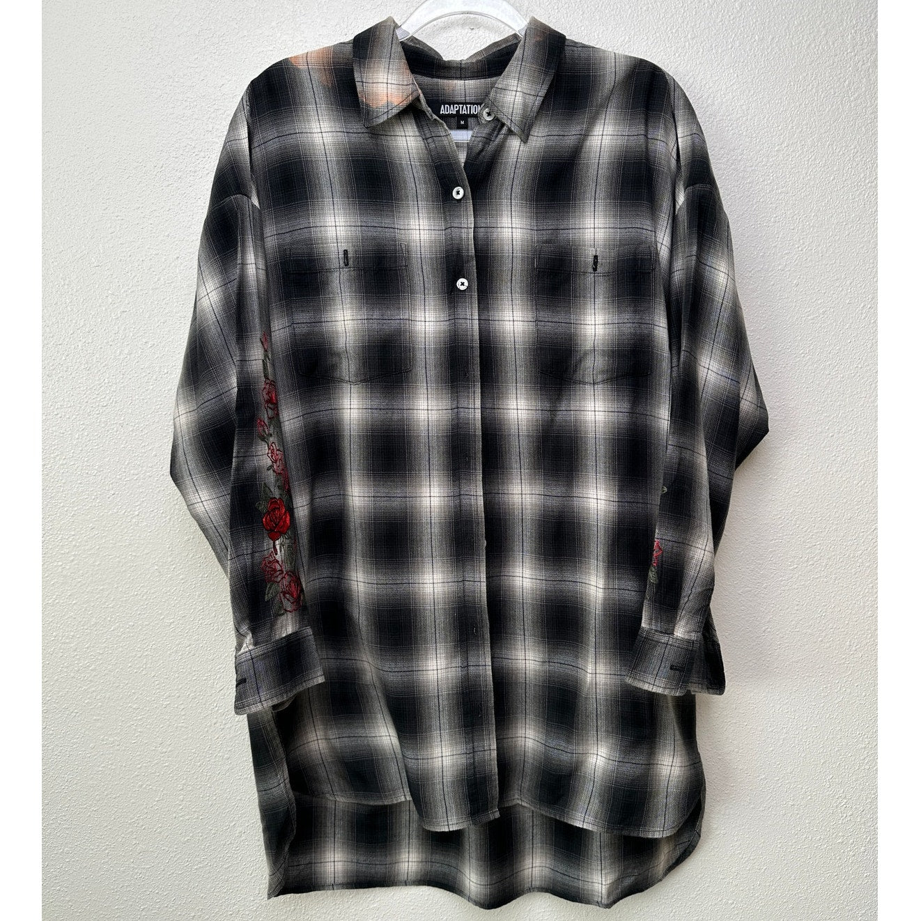 Adaptation Rose Embroidered Plaid Longline Shirt Dress Black White M