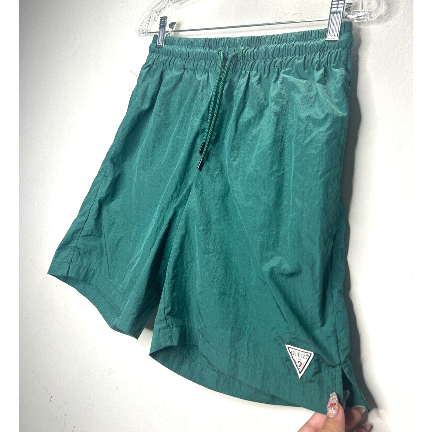 Guess Green Stretch Waist Drawstring Nylon Jogging Shorts Small