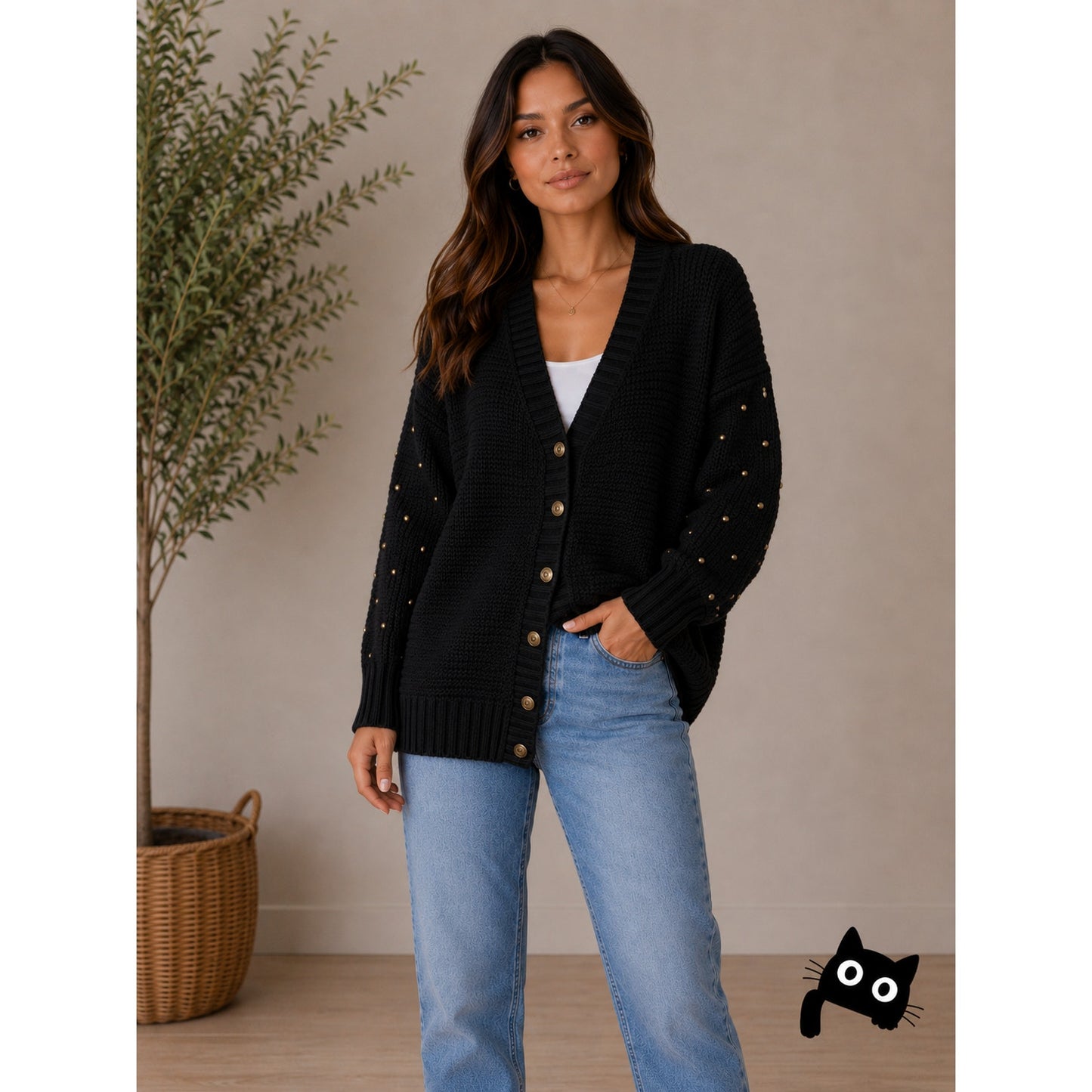 Volcom Black Cardigan Gold Studded Sleeves Gold Buttons