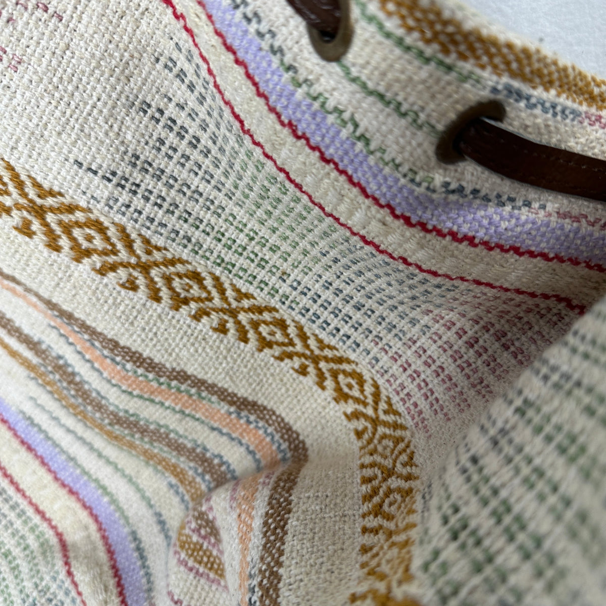 Lovestitch Tan Multicolor Striped Canvas Boho Bag Drawstring Snap Closure