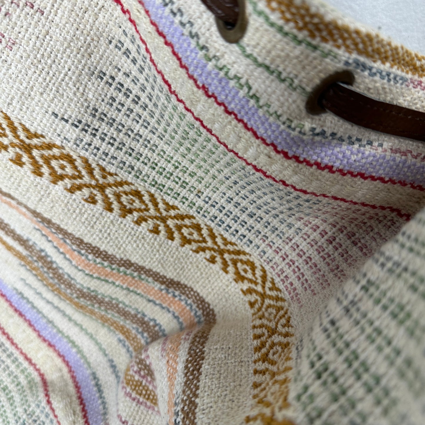 Lovestitch Tan Multicolor Striped Canvas Boho Bag Drawstring Snap Closure